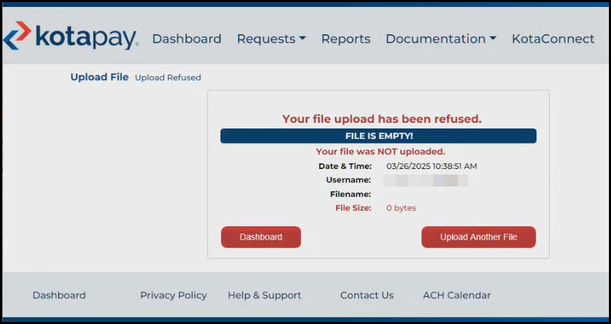 Image showing the Kotapay upload refused.